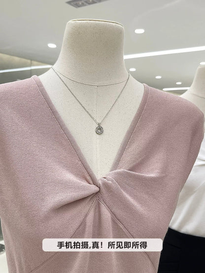 Clearance sale, no refunds or exchanges! Knotted V-neck small flying sleeves ice silk knit sweater for women, summer slim sleeveless top Q03