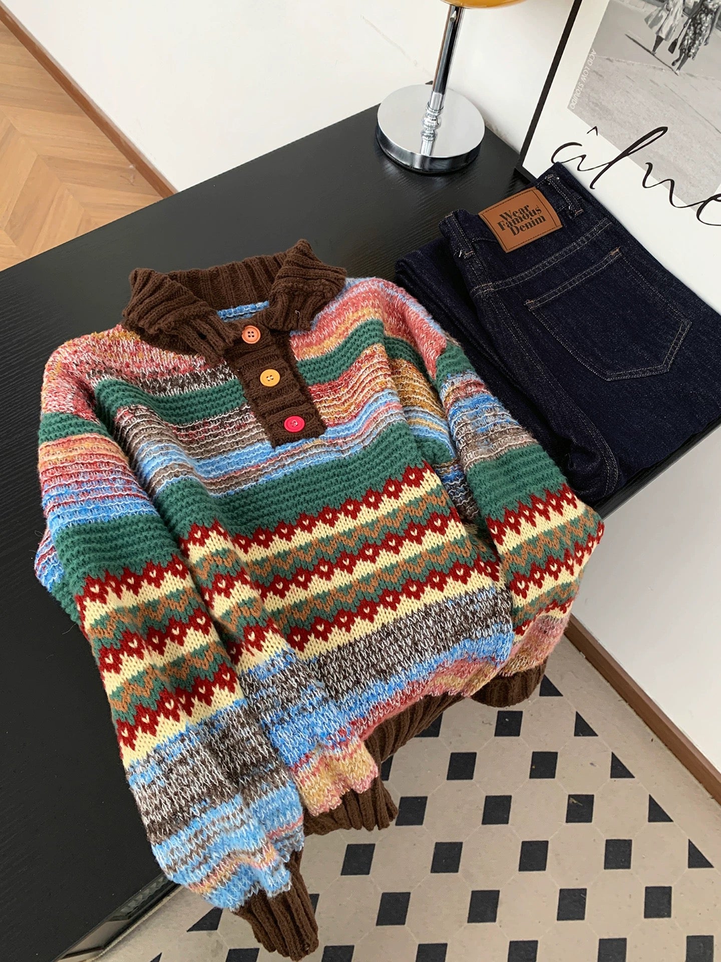 Maillard retro high collar Fair Isle sweater knitted sweater women's autumn and winter lazy colorful button striped jacquard top