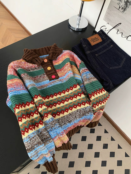 Maillard retro high collar Fair Isle sweater knitted sweater women's autumn and winter lazy colorful button striped jacquard top