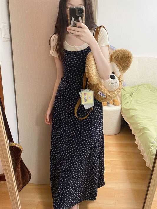 Retro temperament gentle floral suspender dress women's summer niche design waist slimming long skirt