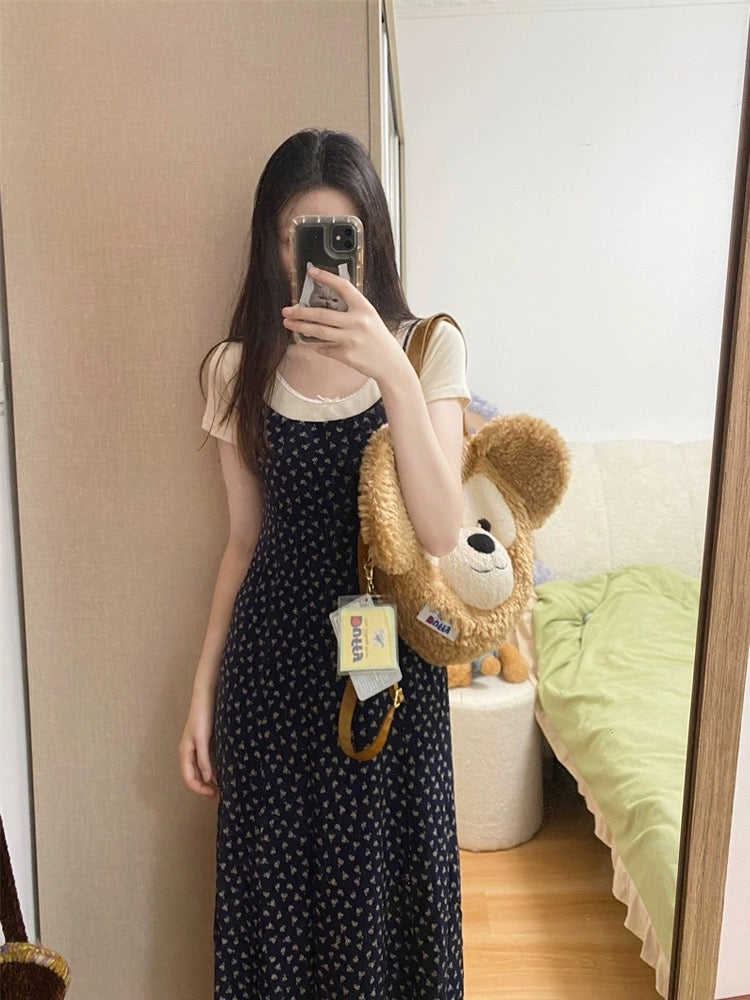 Retro temperament gentle floral suspender dress women's summer niche design waist slimming long skirt