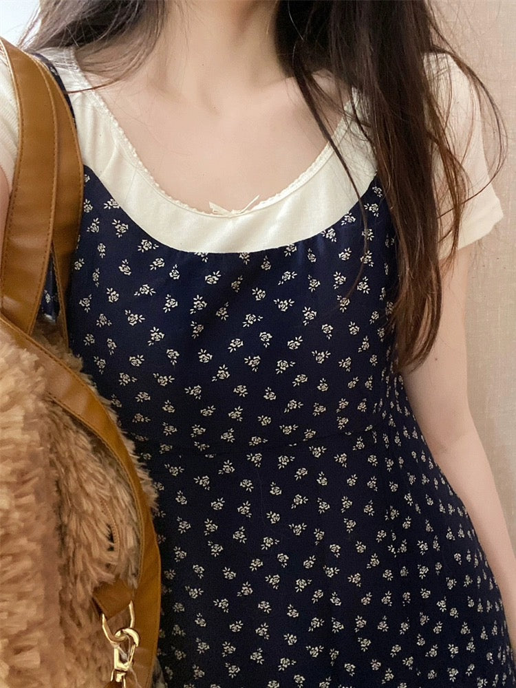 Retro temperament gentle floral suspender dress women's summer niche design waist slimming long skirt