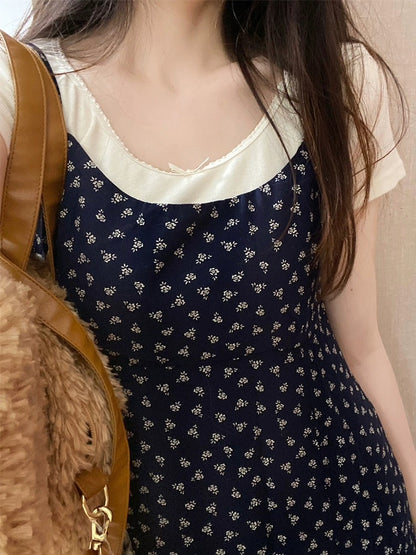 Retro temperament gentle floral suspender dress women's summer niche design waist slimming long skirt