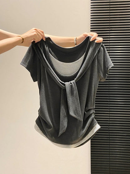 Korean style two-piece striped short-sleeved T-shirt for women, new summer 2026 design, color blocking, fitted waist top.