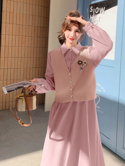 Pink knitted vest dress suit for women spring and autumn 2024 new style small high-end small dress two-piece set