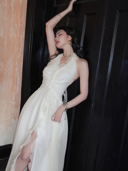 HBE Brother Shui Rose Under the Moon Off-white chiffon deep V-neck slit big skirt fairy skirt halter neck suspender dress