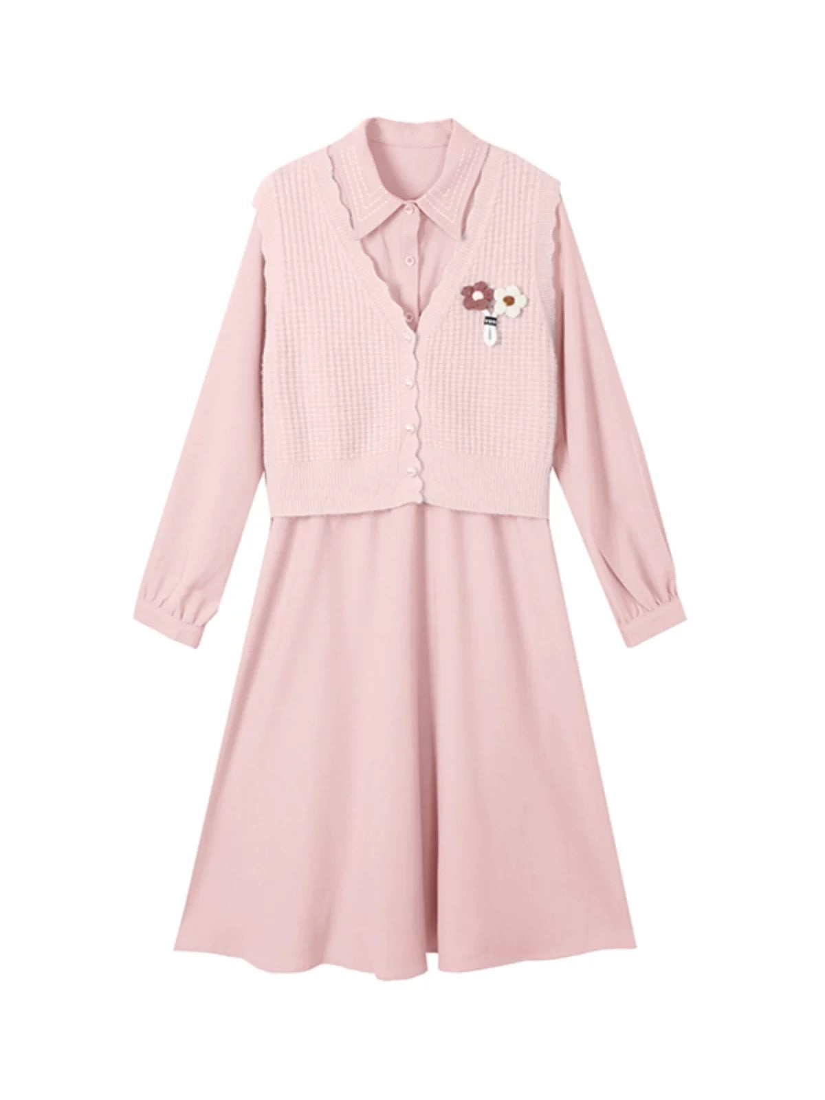 Pink knitted vest dress suit for women spring and autumn 2024 new style small high-end small dress two-piece set
