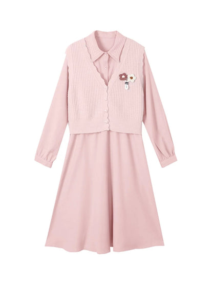 Pink knitted vest dress suit for women spring and autumn 2024 new style small high-end small dress two-piece set