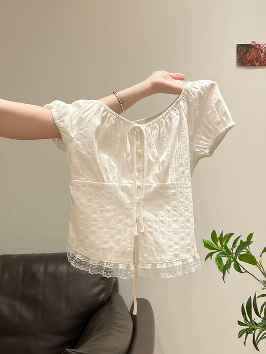 Ballet-style white lace-trimmed romantic blouse, short-sleeved T-shirt, cardigan, women's summer puff sleeve top