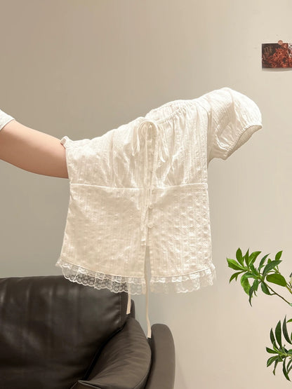 Ballet-style white lace-trimmed romantic blouse, short-sleeved T-shirt, cardigan, women's summer puff sleeve top