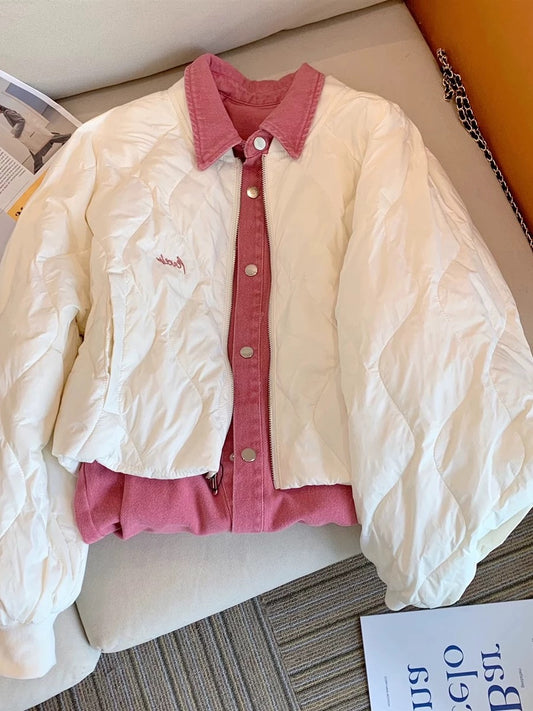 Sweet and cool design fake two-piece loose cotton jacket for women in spring and autumn, chic and fashionable age-reducing cardigan top trendy