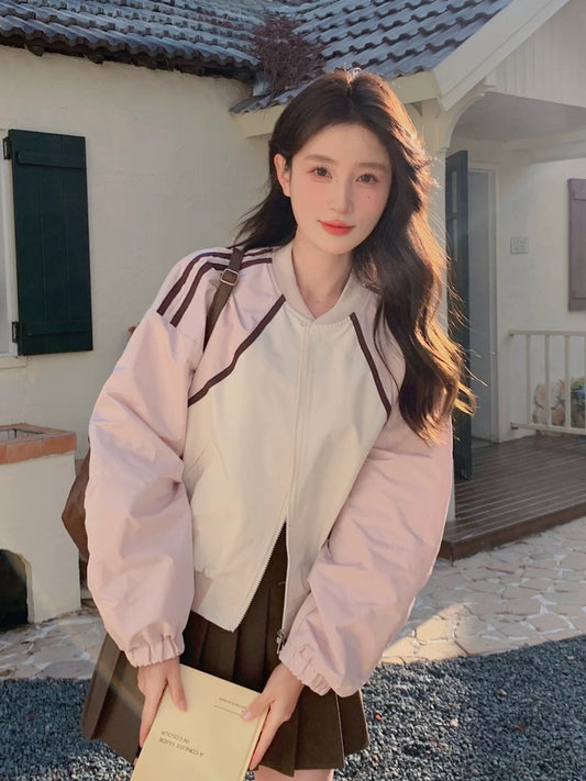 Pink Contrast Color Baseball Jacket Women's 2024 Spring and Autumn New Style Small Slim Casual Short Style Color Blocking Short Jacket