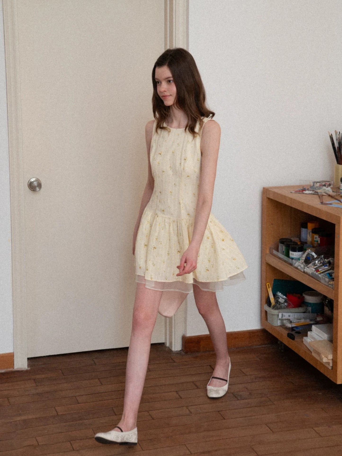 EGGKA Elegant Floral Print Mesh Puff Vest Dress for Women, Summer French Style Sleeveless A-line Mini Skirt
