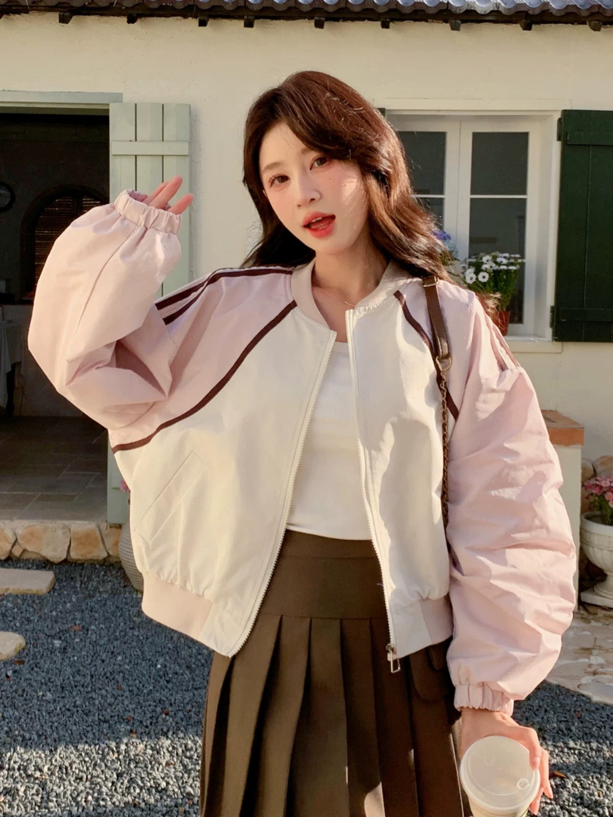 Pink Contrast Color Baseball Jacket Women's 2024 Spring and Autumn New Style Small Slim Casual Short Style Color Blocking Short Jacket