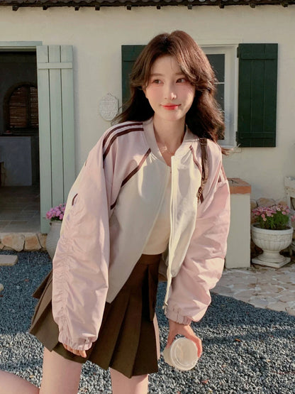 Pink Contrast Color Baseball Jacket Women's 2024 Spring and Autumn New Style Small Slim Casual Short Style Color Blocking Short Jacket
