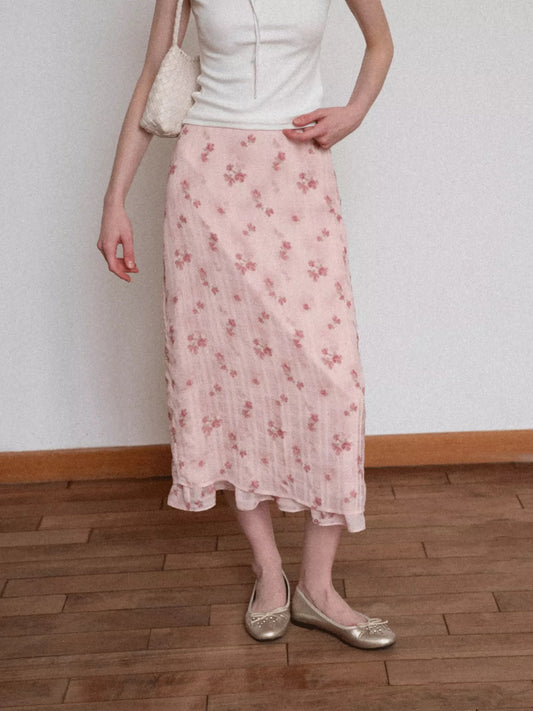 EGGKA Ruffled Layered Slit Floral Print Midi Skirt for Women, Summer High Waist Pink, Elegant and Slimming