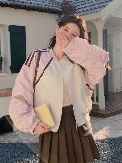 Pink Contrast Color Baseball Jacket Women's 2024 Spring and Autumn New Style Small Slim Casual Short Style Color Blocking Short Jacket