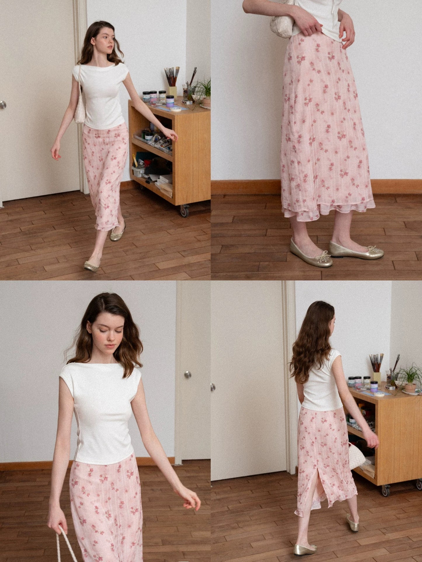 EGGKA Ruffled Layered Slit Floral Print Midi Skirt for Women, Summer High Waist Pink, Elegant and Slimming