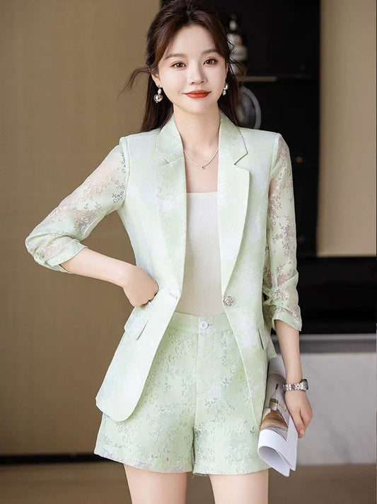 Black suit suit for women summer thin style goddess style casual professional wear printed suit shorts two-piece set