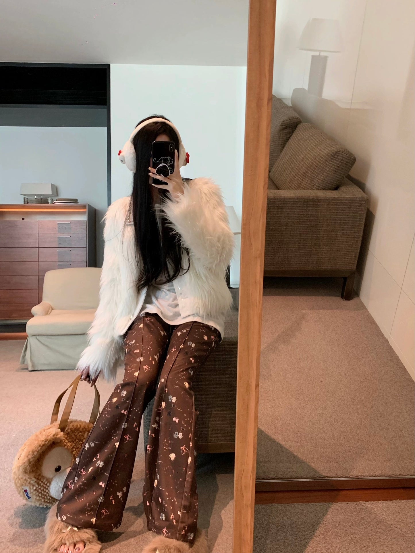 PPSHD fun puppy print bootcut pants for women, autumn and winter slim high waist drawstring straight floor mopping casual pants