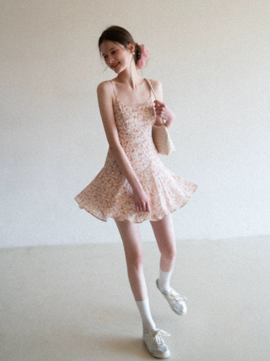 EGGKA French Tea Break Fresh Floral Print Sundress Women's Spring/Summer Elegant Slim Fit Sleeveless A-line Mini Skirt