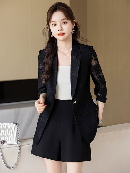 Black suit suit for women summer thin style goddess style casual professional wear printed suit shorts two-piece set