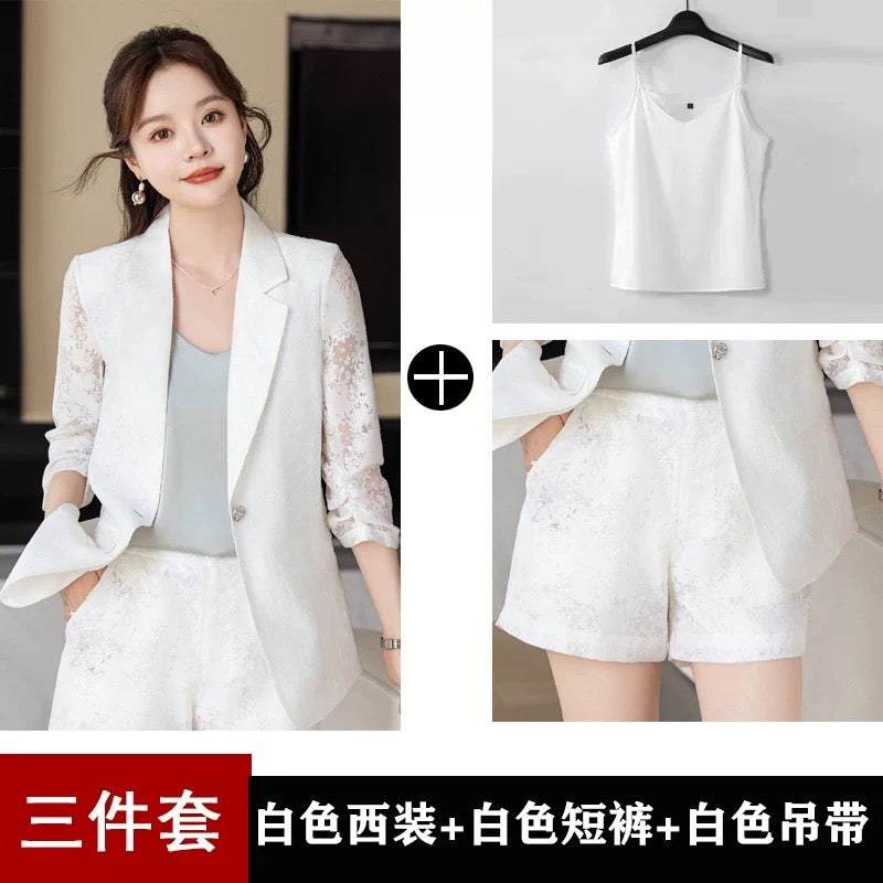 Black suit suit for women summer thin style goddess style casual professional wear printed suit shorts two-piece set