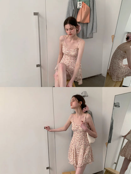 EGGKA French Tea Break Fresh Floral Print Sundress Women's Spring/Summer Elegant Slim Fit Sleeveless A-line Mini Skirt