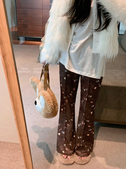 PPSHD fun puppy print bootcut pants for women, autumn and winter slim high waist drawstring straight floor mopping casual pants