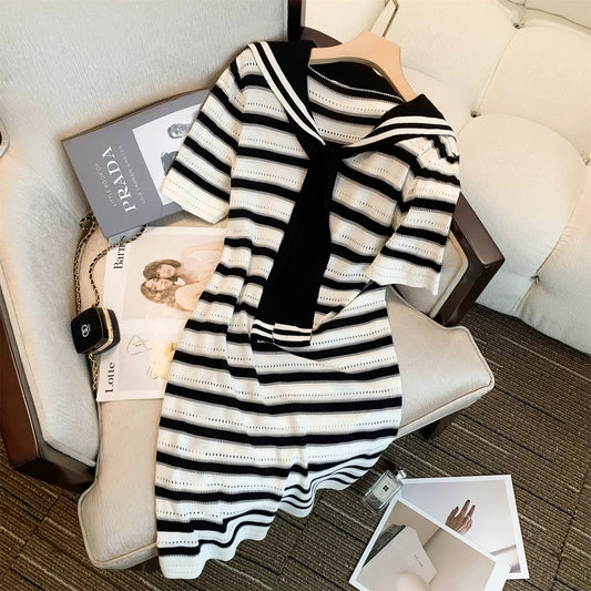 Navy collar hollow ice silk striped skirt women's 2024 summer loose temperament foreign style sweet or salty dress