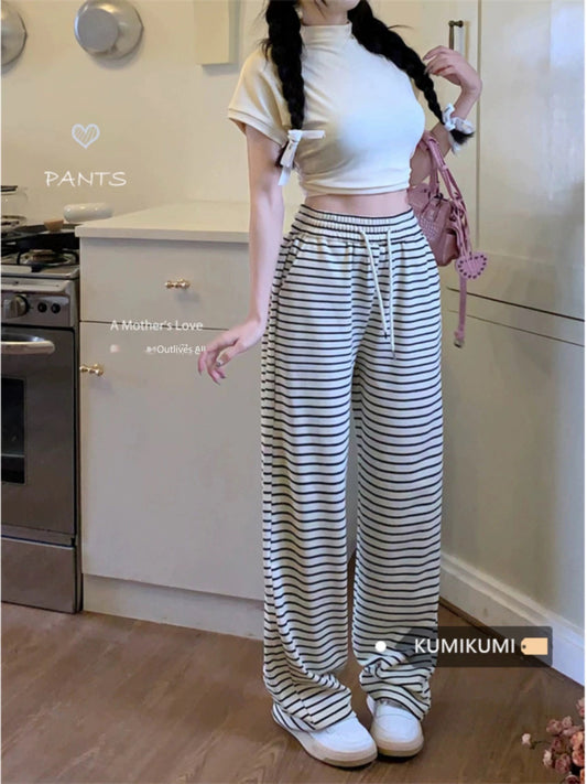 Black and white striped pants, walking pants, casual pants, women's spring and autumn high-waisted wide-leg pants, straight-leg pants, floor-length pants