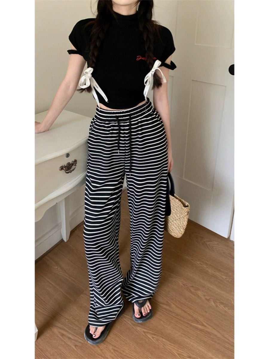 Black and white striped pants, walking pants, casual pants, women's spring and autumn high-waisted wide-leg pants, straight-leg pants, floor-length pants