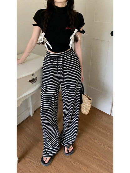 Black and white striped pants, walking pants, casual pants, women's spring and autumn high-waisted wide-leg pants, straight-leg pants, floor-length pants