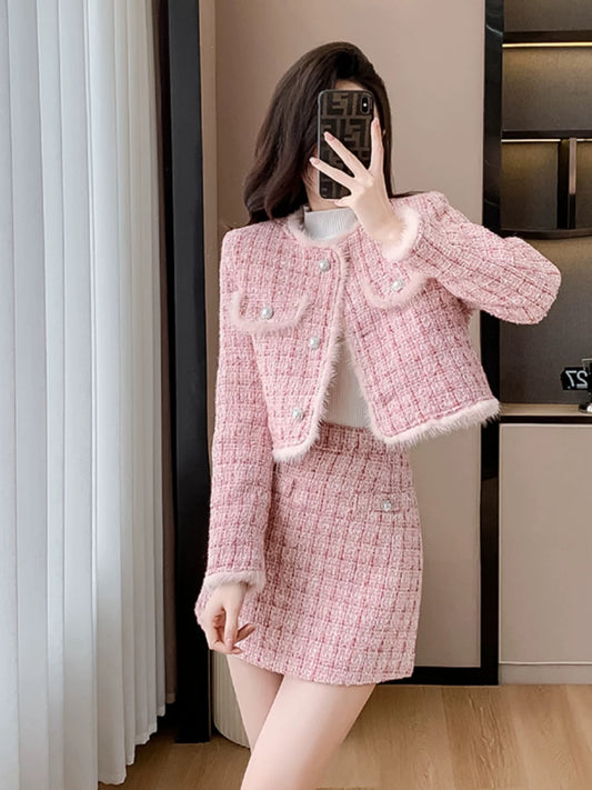 2024 Autumn and winter new style light luxury small fragrance thickened high-end suit skirt woolen pink ladylike temperament jacket for us