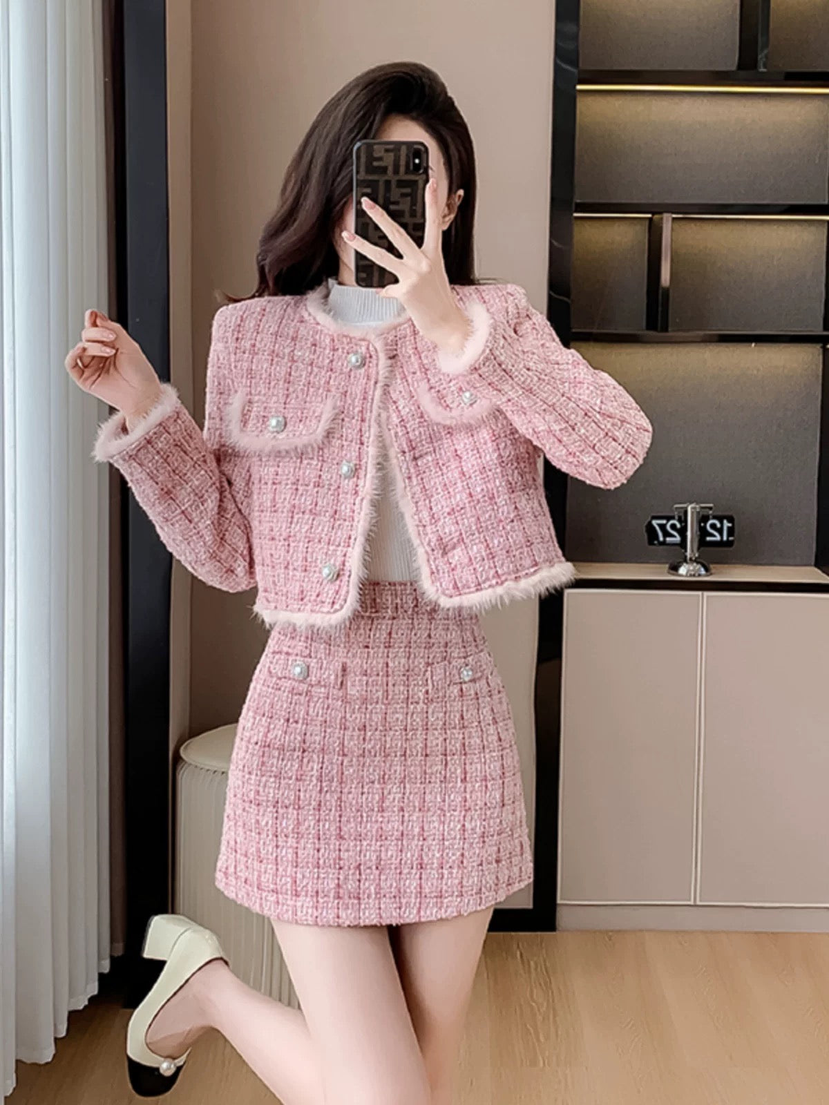 2024 Autumn and winter new style light luxury small fragrance thickened high-end suit skirt woolen pink ladylike temperament jacket for us