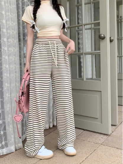 Black and white striped pants, walking pants, casual pants, women's spring and autumn high-waisted wide-leg pants, straight-leg pants, floor-length pants