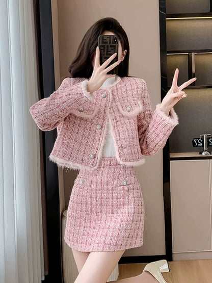 2024 Autumn and winter new style light luxury small fragrance thickened high-end suit skirt woolen pink ladylike temperament jacket for us