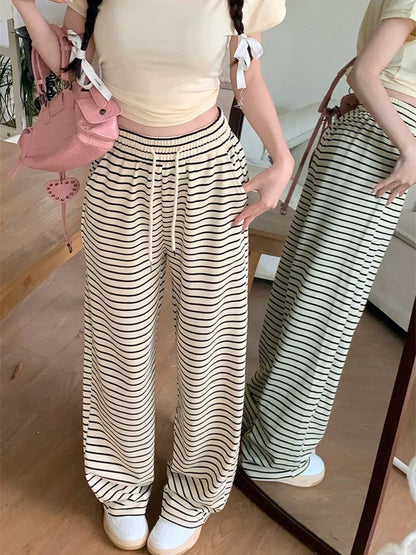 Black and white striped pants, walking pants, casual pants, women's spring and autumn high-waisted wide-leg pants, straight-leg pants, floor-length pants