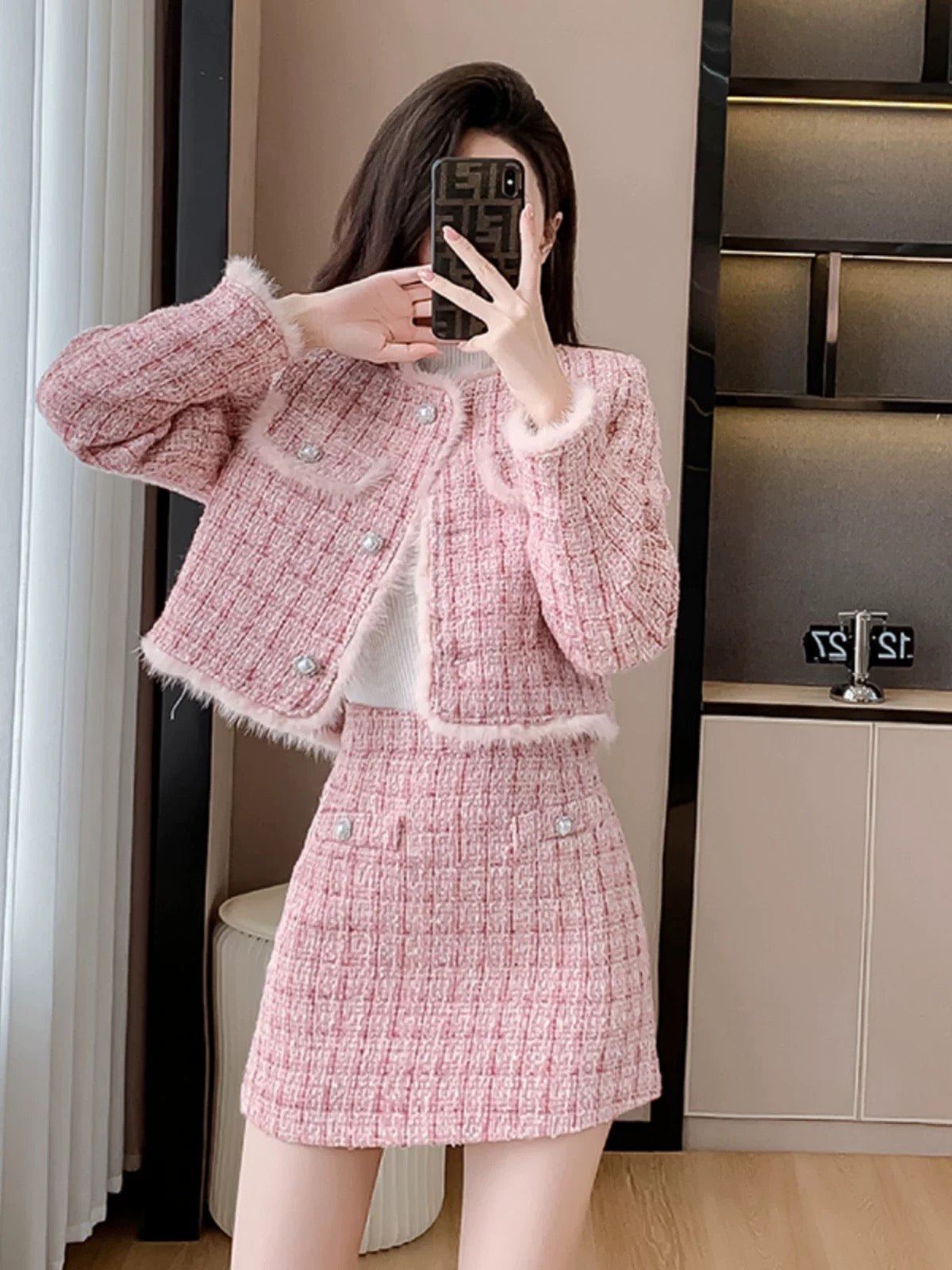2024 Autumn and winter new style light luxury small fragrance thickened high-end suit skirt woolen pink ladylike temperament jacket for us