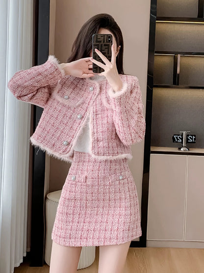 2024 Autumn and winter new style light luxury small fragrance thickened high-end suit skirt woolen pink ladylike temperament jacket for us