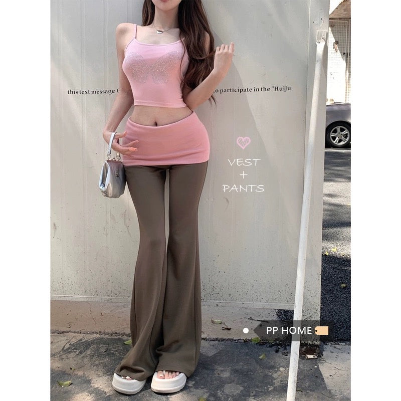 PPHOME Pink Sweetheart~Butterfly Hot Diamond Camisole Color Matching Fake Two-piece Low-waisted Flare Pants Two-piece Set
