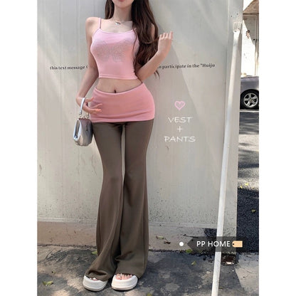 PPHOME Pink Sweetheart~Butterfly Hot Diamond Camisole Color Matching Fake Two-piece Low-waisted Flare Pants Two-piece Set