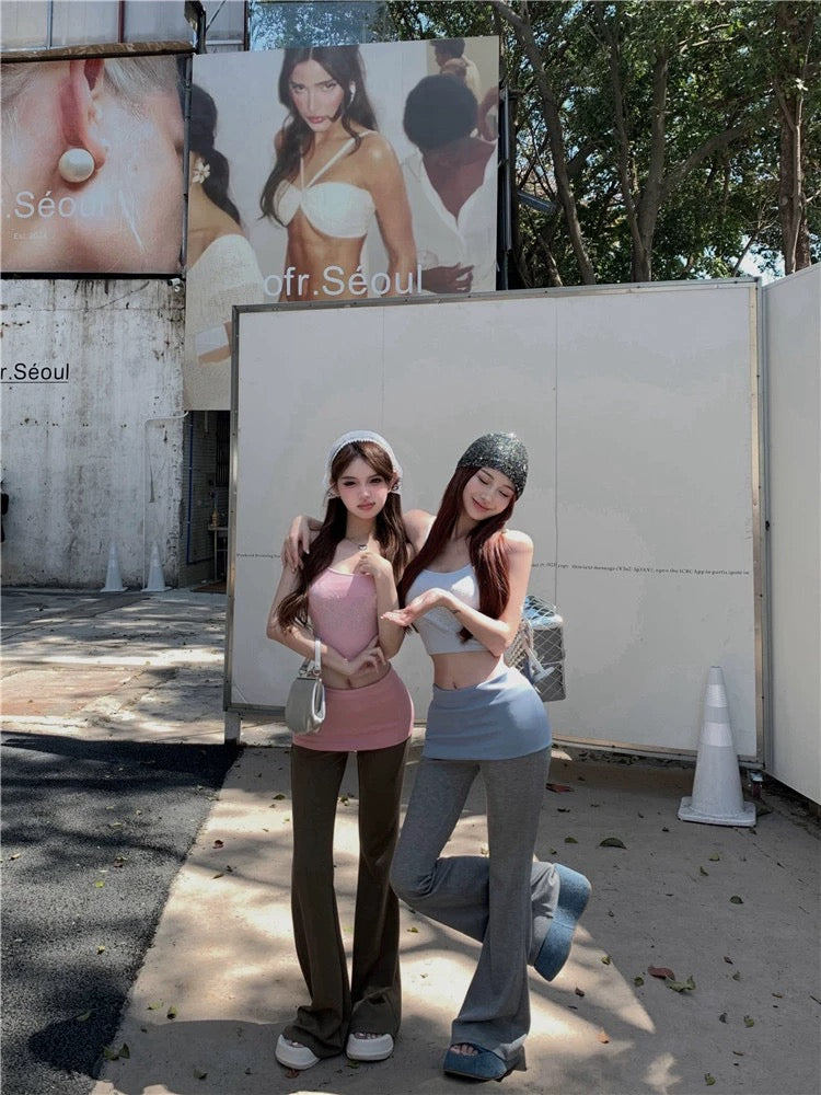 PPHOME Pink Sweetheart~Butterfly Hot Diamond Camisole Color Matching Fake Two-piece Low-waisted Flare Pants Two-piece Set