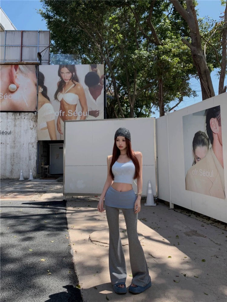 PPHOME Pink Sweetheart~Butterfly Hot Diamond Camisole Color Matching Fake Two-piece Low-waisted Flare Pants Two-piece Set
