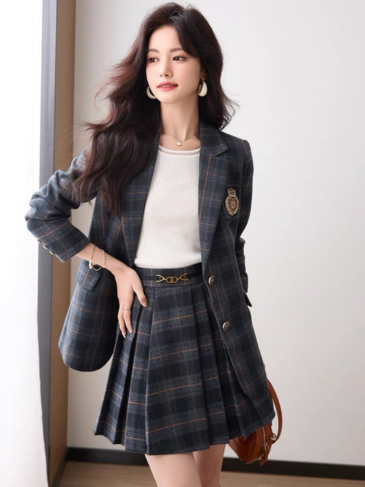 2024 New Spring Autumn and Winter Plaid Retro Blazer Women's Suit Skirt Pleated Skirt College Style Professional High-end