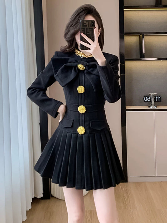 2024 autumn and winter new high-end light luxury design light and sophisticated style big bow small woolen dress for women