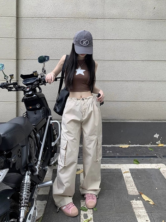Pink high-waist drawstring overalls casual pants women's spring loose straight straight drape wide-leg pants trendy floor-length pants