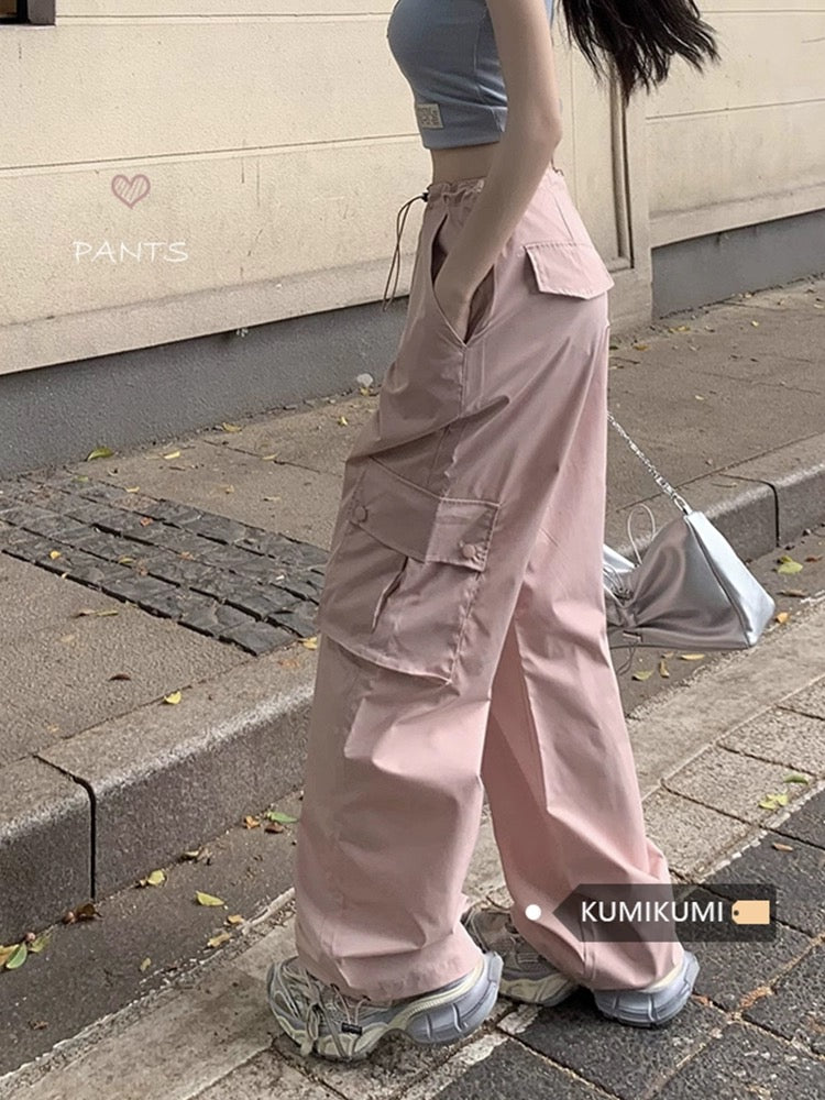 Pink high-waist drawstring overalls casual pants women's spring loose straight straight drape wide-leg pants trendy floor-length pants
