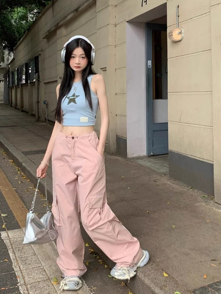 Pink high-waist drawstring overalls casual pants women's spring loose straight straight drape wide-leg pants trendy floor-length pants