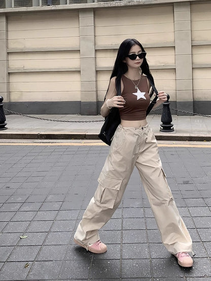 Pink high-waist drawstring overalls casual pants women's spring loose straight straight drape wide-leg pants trendy floor-length pants